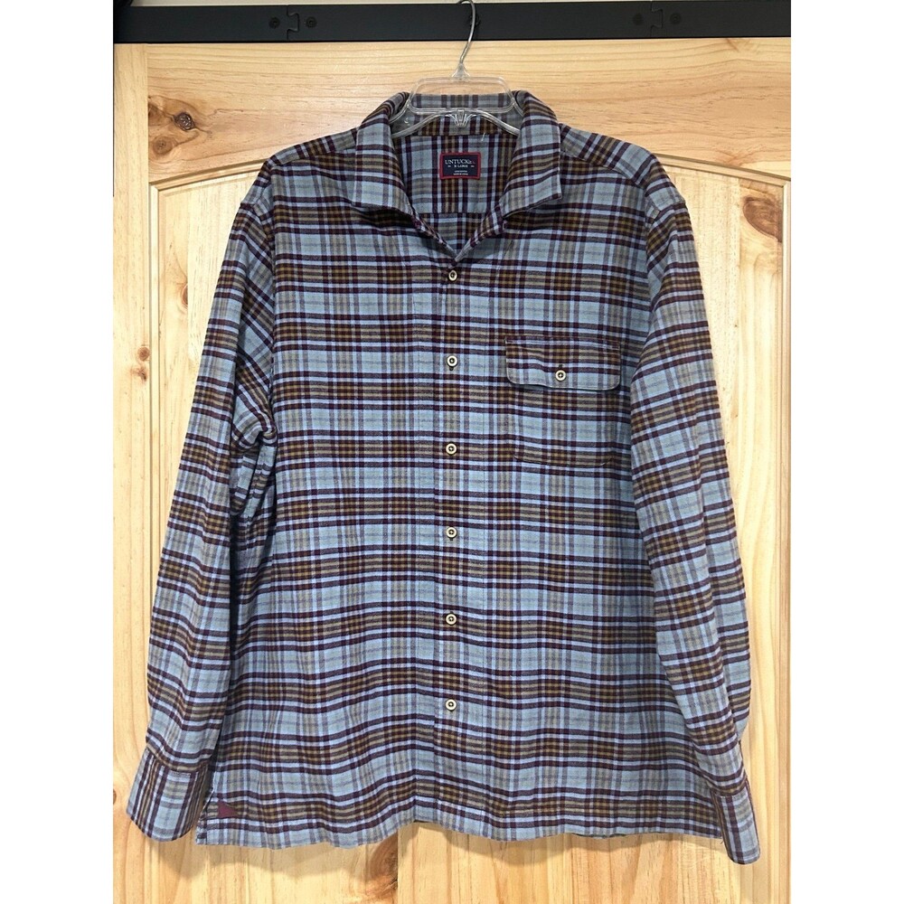Untuckit Men’s Long Sleeve Flannel Size Extra Large Light Blue Burgundy Plaid